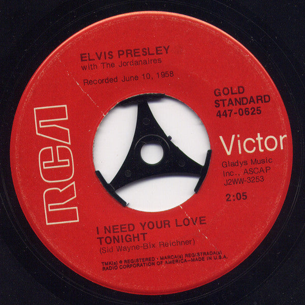 Elvis Presley With The Jordanaires : (Now And Then There's) A Fool Such As I / I Need Your Love Tonight (7", Single, RE, Ind)