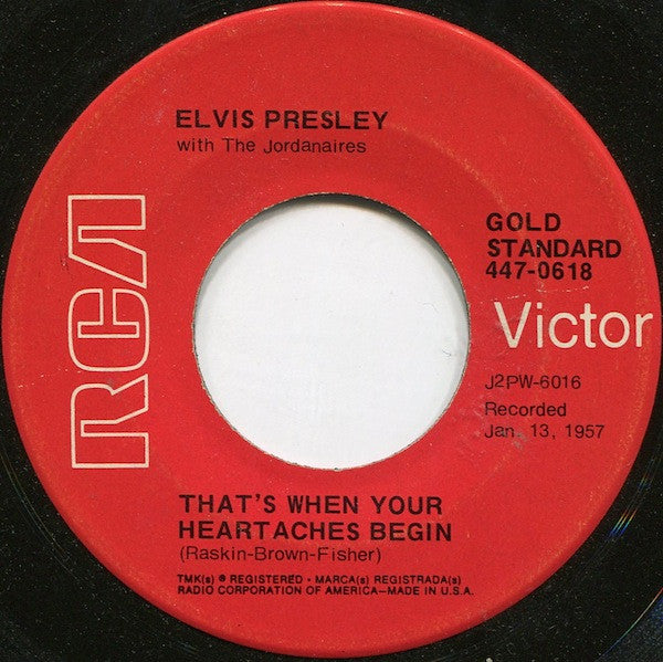 Elvis Presley With The Jordanaires : All Shook Up / That's When Your Heartaches Begin (7", RE, Ind)