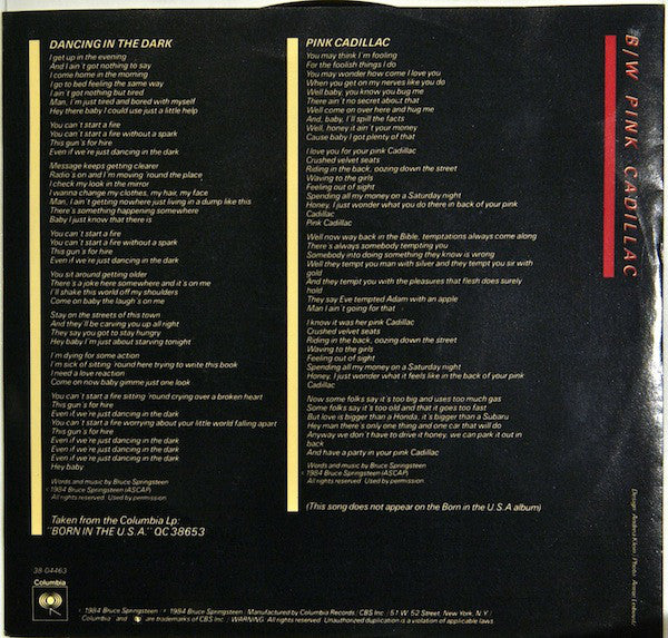 Bruce Springsteen : Dancing In The Dark / Pink Cadillac (7", Single, Styrene, Pit)