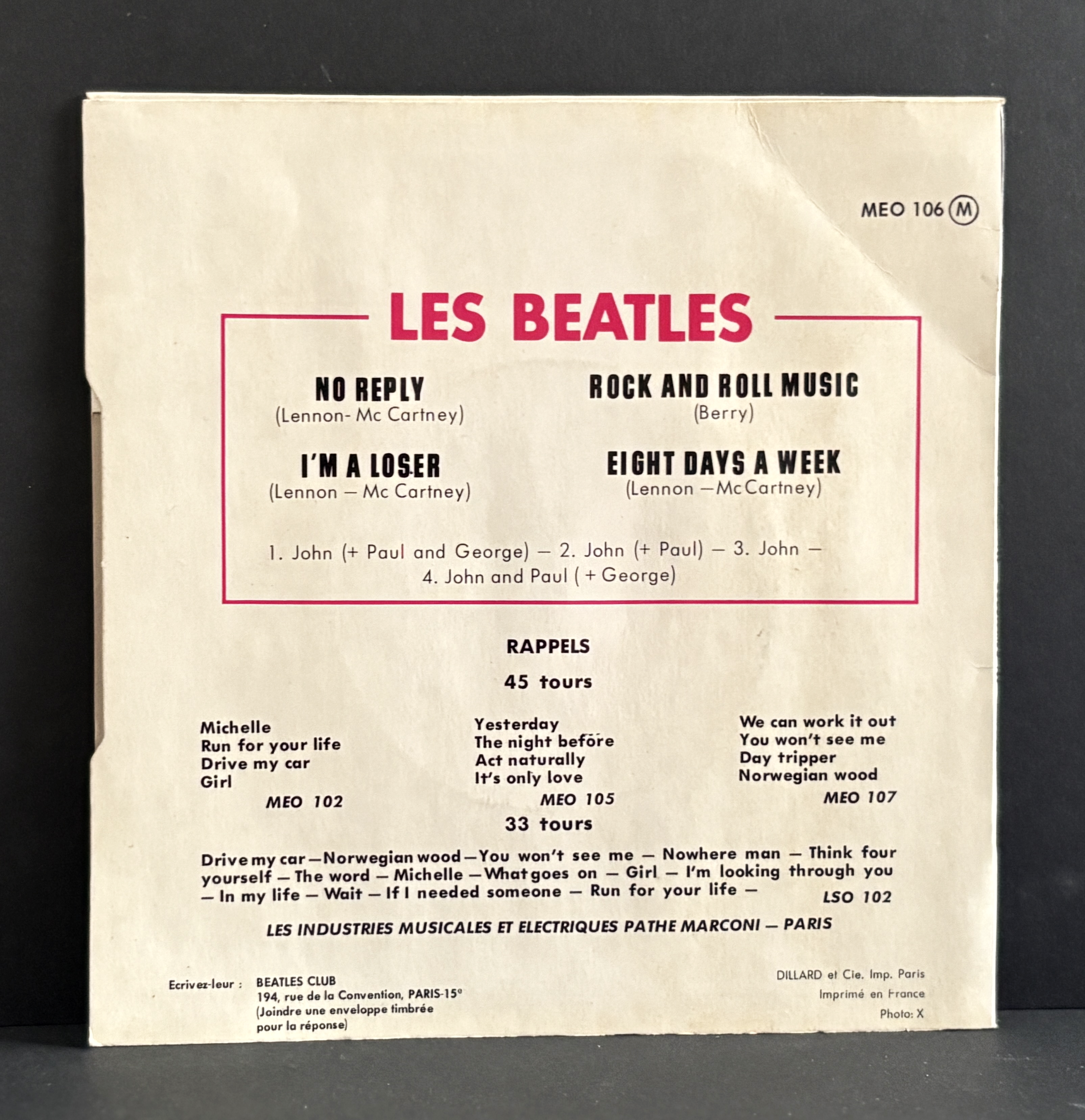 Les Beatles French EP ‎– 1965 Odeon ‎– MEO 106 - NM-