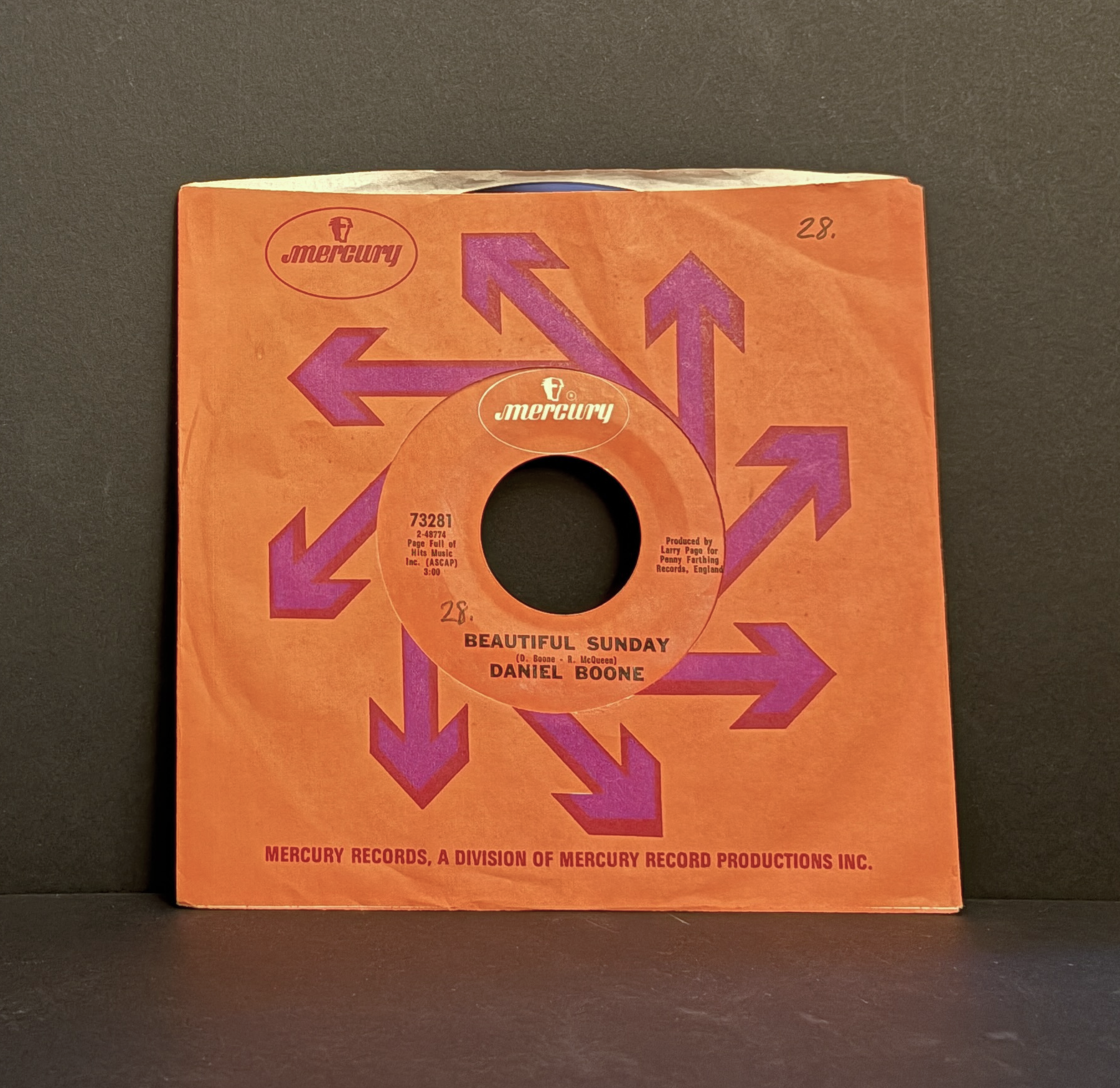Daniel Boone - Beautiful Sunday - 45 - Mercury - Near Mint (NM or M-)