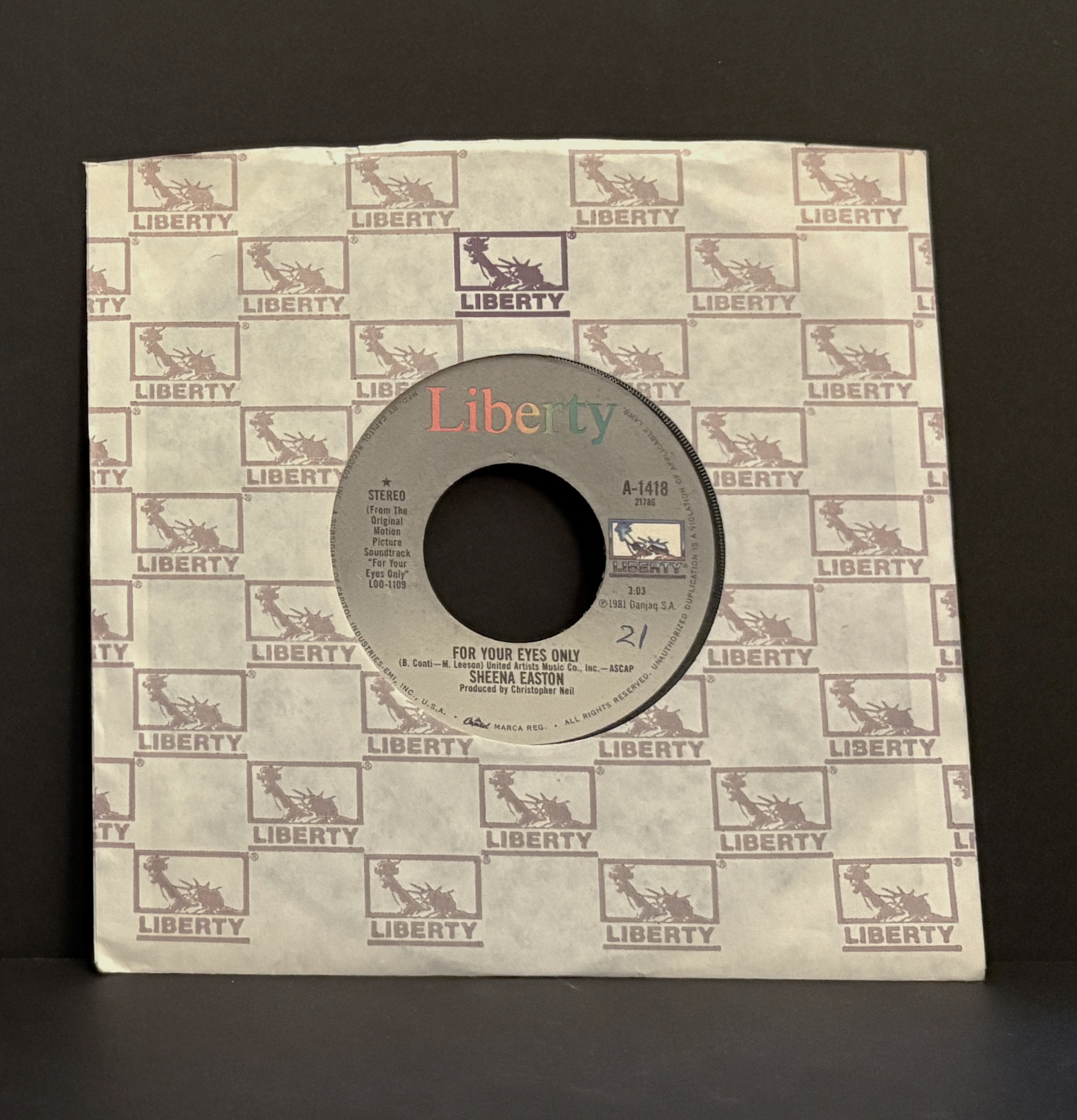 Sheena Easton - For Your Eyes Only - 45 - Liberty - Mint (M)