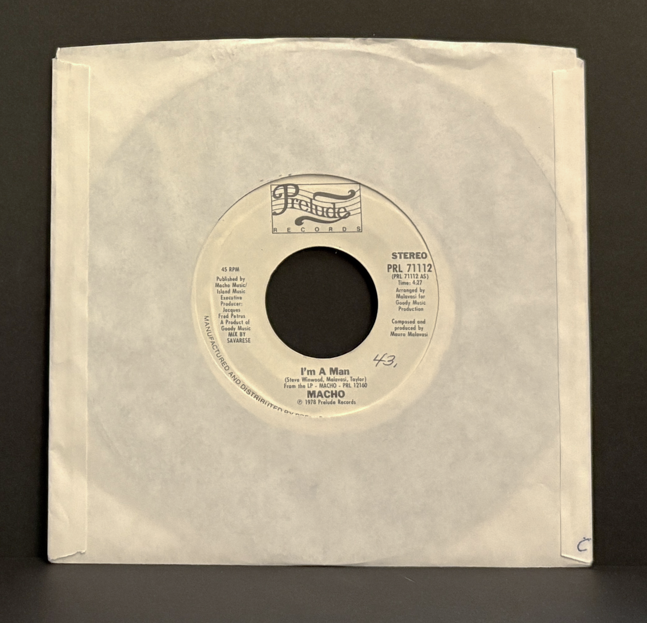 Macho - I'm A Man - 45 - Prelude Records - Near Mint (NM or M-)