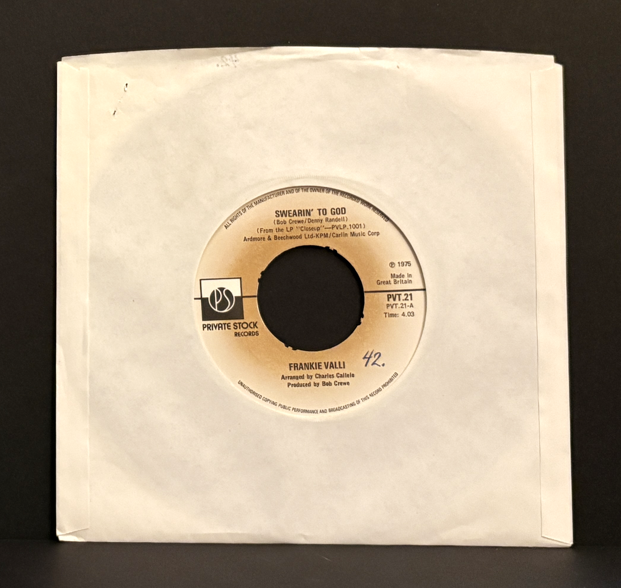 Frankie Valli - Swearin' To God - 45 - Private Stock - Near Mint (NM or M-)